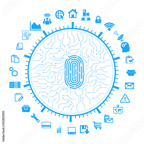 Cloud computing concept with fingerprint and cybersecurity icons, representing data protection, privacy, and digital network security