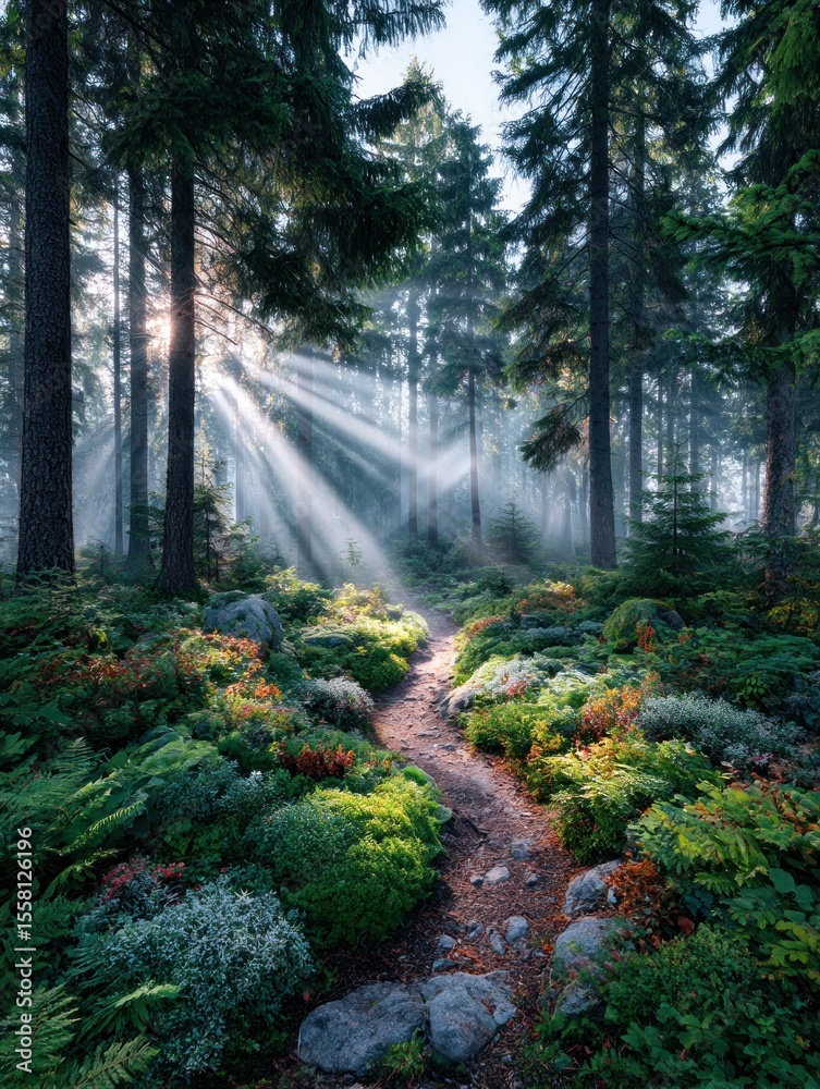 Obraz premium Sunbeams through a misty forest path