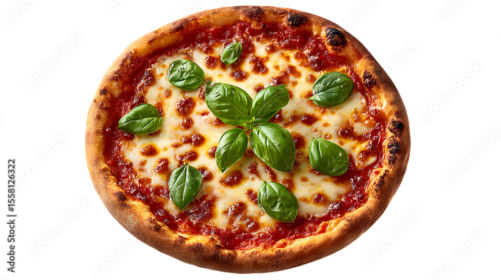 Delicious margherita pizza topped with fresh basil leaves isolated on transparent background Delicious margherita pizza topped with fresh basil leaves isolated on transparent background