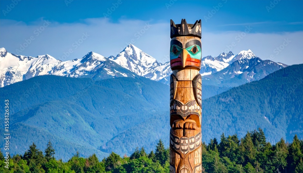 Obraz premium Lonely totem pole against a blue mountain backdrop