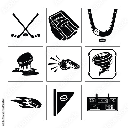 Hockey Game Icons Black And White Elements Representing Game Equipment And Officiating Tools