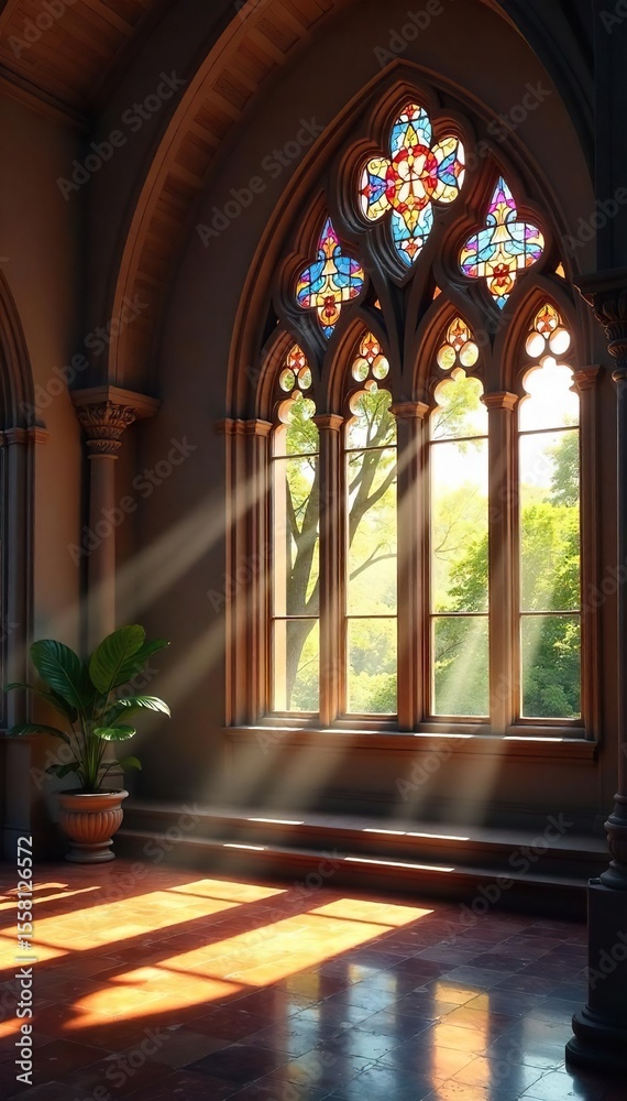 Fototapeta premium Sunlit Stained Glass in Spiritual Retreat Peaceful Atmosphere of Contemplation and Inner Peace