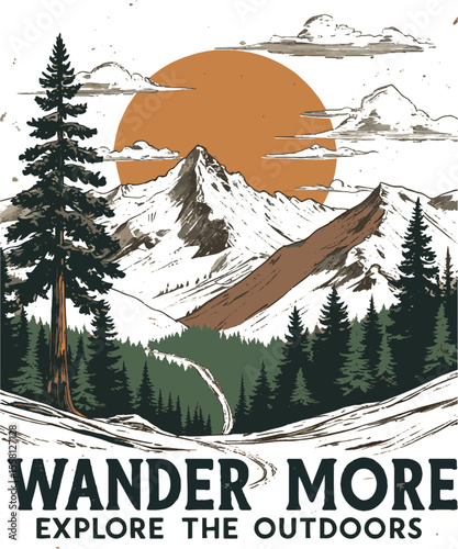 Scalable vector illustration of a rustic mountain landscape designed for t-shirt prints, vintage grunge effects, a mountain lake, and pine tree. Autumn-Winter t-shirt design, easily editable.