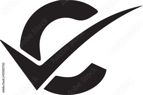 Abstract Black and White Logo Design Depicting an Abstract Letter C with a Checkmark in a Circular Arrangement