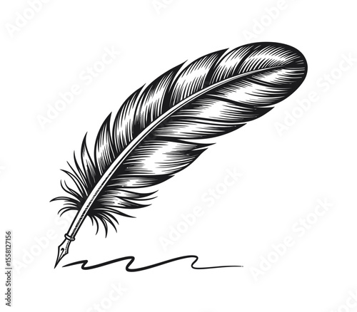 Feather quill pen graphic black white isolated sketch illustration vector