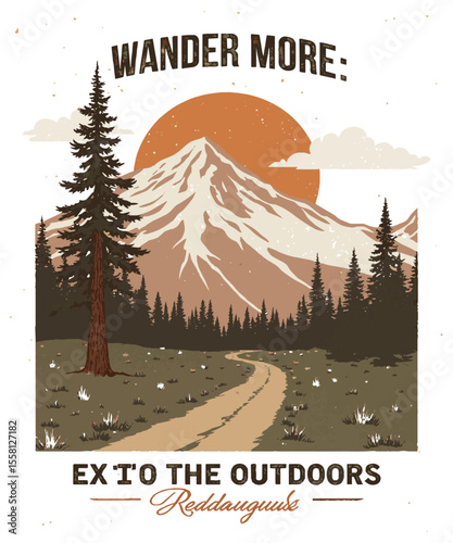 Scalable vector illustration of a rustic mountain landscape designed for t-shirt prints, vintage grunge effects, a mountain lake, and pine tree. Autumn-Winter t-shirt design, easily editable.