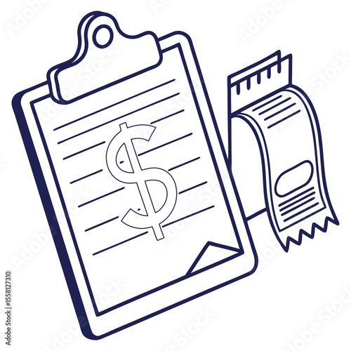 Billing and Invoice Line Art Icon – Clipboard with Financial Document and Receipt