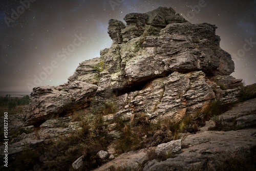Flat design layered rock formation is rising on hillside under starry sky with shrubs and lichens