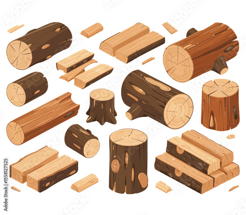 Set of wood logs for lumber industry. Woodworking concept. Tree trunk, stump and planks. Woodwork vector illustration