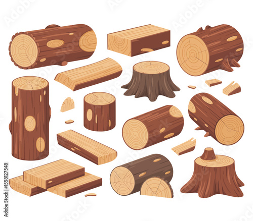 Set of wood logs for lumber industry. Woodworking concept. Tree trunk, stump and planks. Woodwork vector illustration