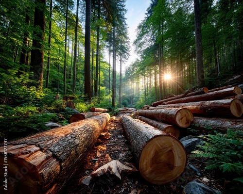 Sunlight in a forest with felled timber