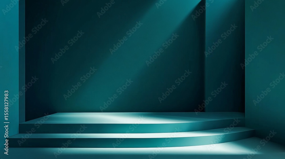Obraz premium Sophisticated abstract interior corner bathed in cyan illumination, geometric minimalist product display area, luxury showroom mockup with angular shadows, deep teal lighting creating mood