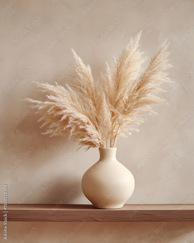 Naklejka premium Cream Pampas Grass in Beige Vase, Minimalist Home Decor