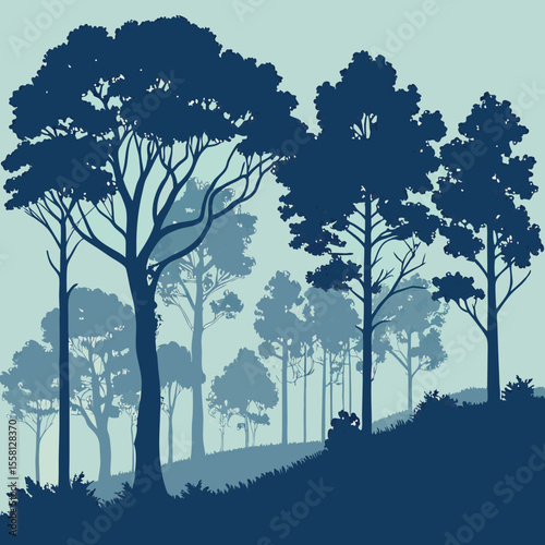 Silhouette illustration of a dense forest with tall trees and a grassy foreground under a light blue sky