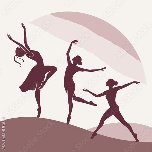 Silhouette illustration of three female dancers in various poses against a stylized background design element