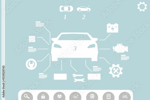 White car silhouette is showing flat diagnostics dashboard connecting battery engine gear icons