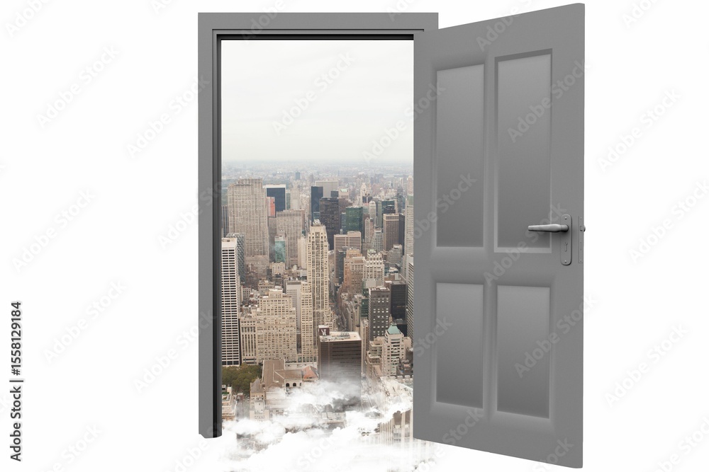 Naklejka premium Cityscape against sky seen from open door