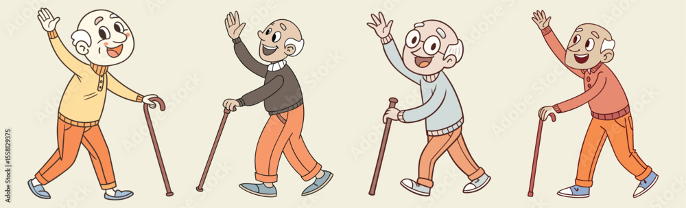 Fototapeta premium Smiling elderly men with canes in casual outfits, I old men walking simple flat design vector.