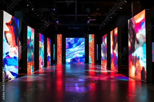 Futuristic exhibition space displaying abstract digital artwork on large illuminated vertical display panels creating a vibrant atmosphere