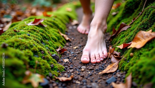 Bare feet walking on a moss-covered path with fallen autumn leaves in a natural, serene forest setting.