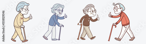 Smiling elderly men with canes in casual outfits, I old men walking simple flat design vector.