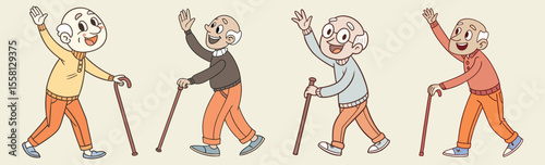 Smiling elderly men with canes in casual outfits, I old men walking simple flat design vector.