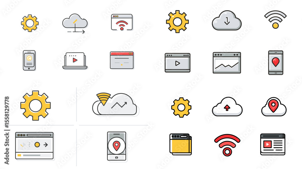Clean flat icon set of cloud computing, connectivity, web services, data syncing, and system settings—ideal for tech and IT interface designs.
Clean flat icon set of cloud computing, connectivity, web services, data syncing, and system settings—ideal for tech and IT interface designs.