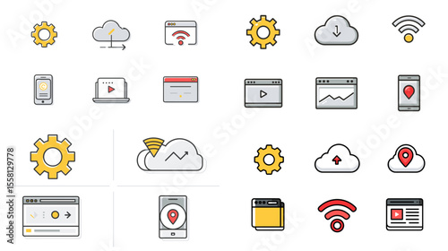 Clean flat icon set of cloud computing, connectivity, web services, data syncing, and system settings—ideal for tech and IT interface designs.

