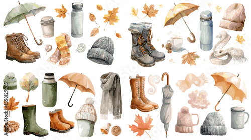 Watercolor illustration set of cozy autumn elements like boots, scarves, umbrellas, coffee, and leaves—ideal for seasonal designs and fall-themed artwork.

