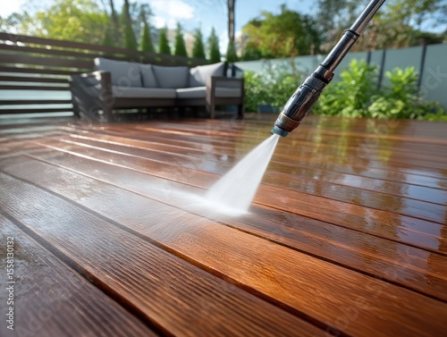 Pressure washing a wooden deck (1)