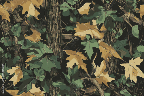 A camouflage pattern with leaves and tree trunks for hunting, featuring brown, green, black, and tan colors. Realtree forest camouflage pattern for hunting and military uniforms.