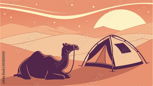 Illustration of a camel resting near a tent in a desert landscape under a bright sun and starry sky