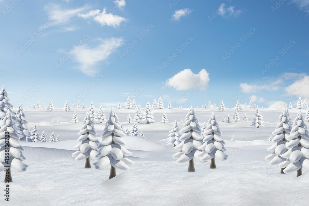 Obraz premium Three central conifer trees are standing in flat design snowy hills under bright blue sky