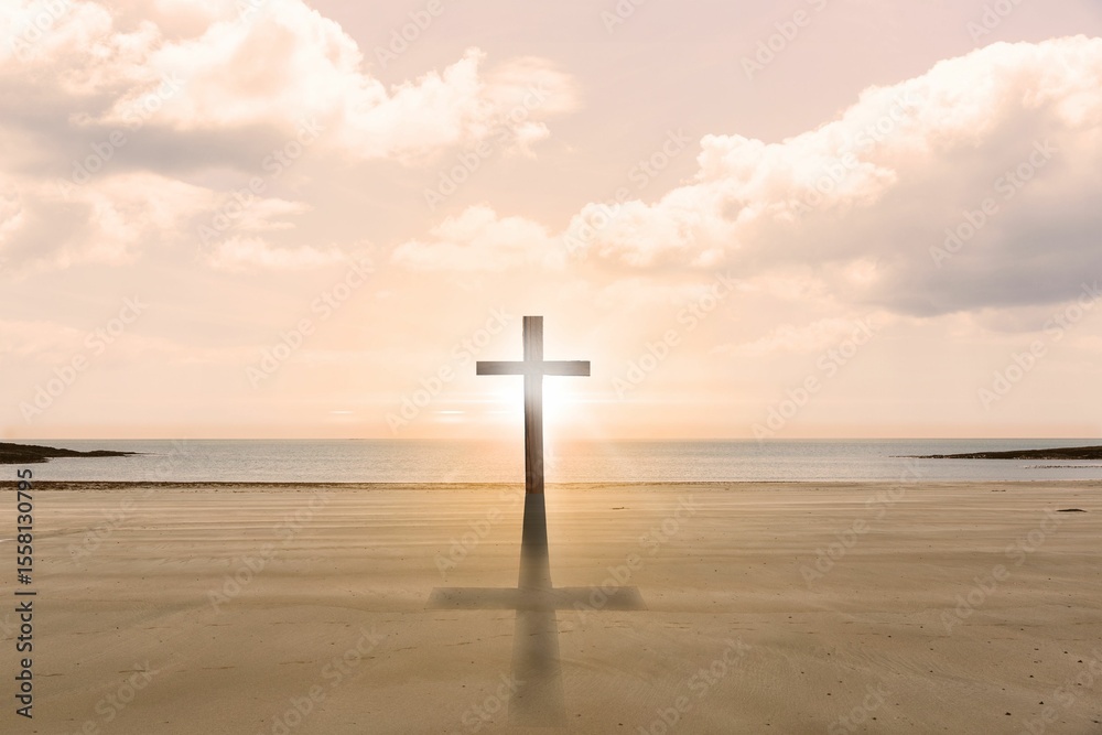 Obraz premium Cross religion symbol shape over sunset sky at the beach