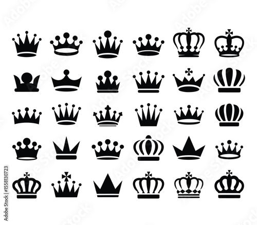 Crown icon set. Symbol of power, wealth. Royal, premium quality, vip, elite, luxury design element