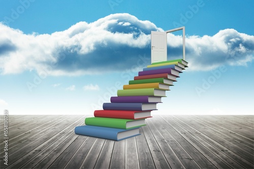 Flat design showing colorful book staircase rising toward open white door frame above wooden deck