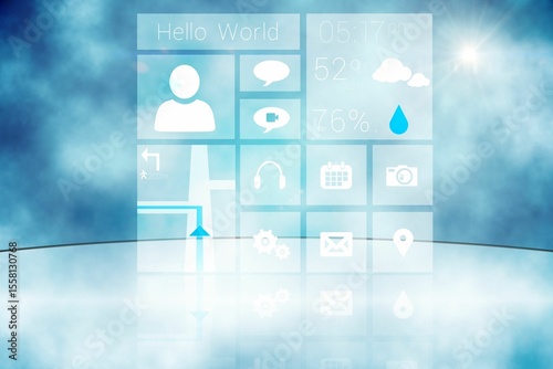 Translucent UI panels are floating above glass floor with icons and text against blue mist backdrop