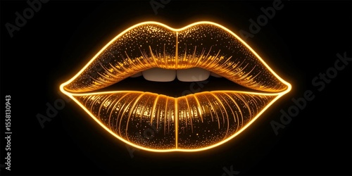 neon outline gold lips with lipstick on black background.