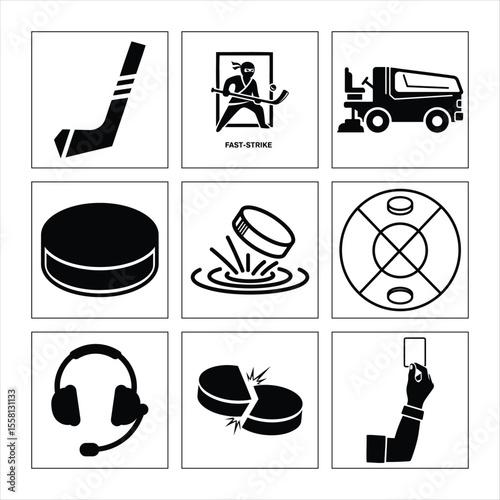 Hockey Sport Pictogram Collection Showing Stick Puck Player Ice Resurfacer Penalty And Equipment In Black And White