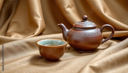 A brown ceramic teapot and matching cup rest on smooth, golden fabric, highlighting traditional tea-drinking culture with elegant, warm tones.