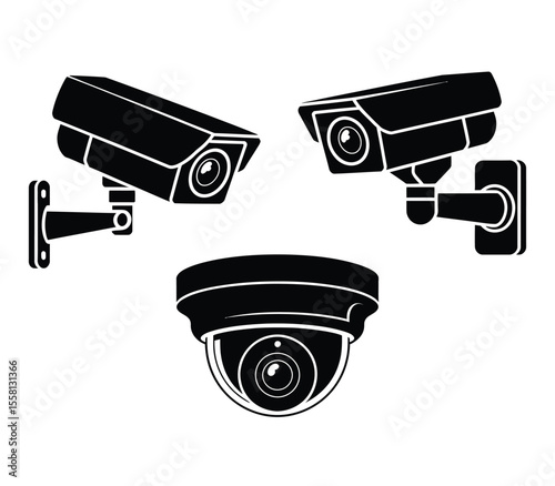 Video camera cctv icon. Surveillance, safety, security symbol. Black and white vector illustration
