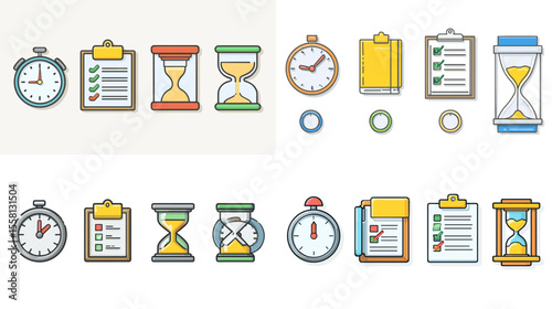 Vector flat icons of clocks, hourglasses, and checklists—ideal for productivity tools, scheduling, and time management apps and websites.

