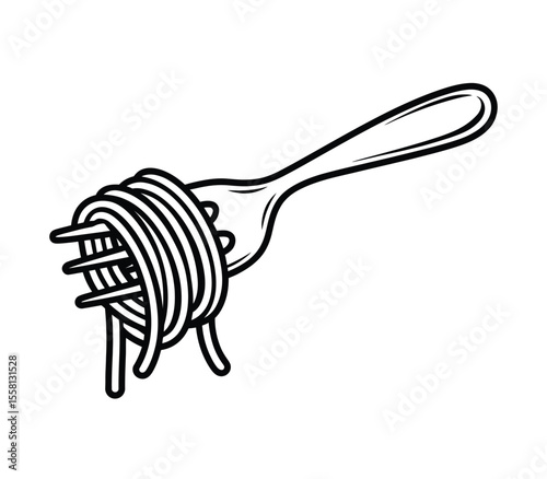 Spaghetti pasta on fork. Italian food, long noodles sketch drawing. Hand drawn vector illustration

