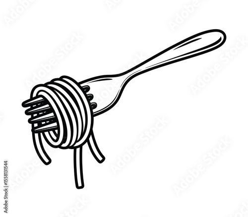 Spaghetti pasta on fork. Italian food, long noodles sketch drawing. Hand drawn vector illustration
