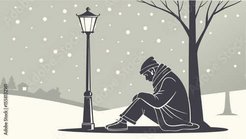 Illustration of a man sitting under a tree near a lamppost during snowfall in winter landscape
