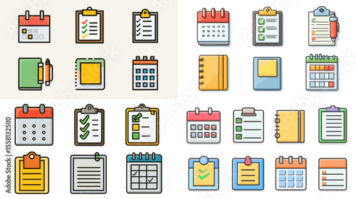 Colorful flat vector icons of calendars, notebooks, clipboards, and checklists designed for productivity apps, planners, and scheduling tools.


