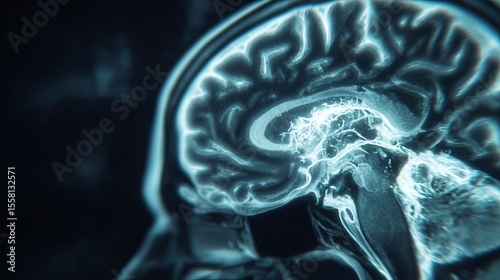 Close-up of neurological MRI scan showing white matter lesions, representing multiple sclerosis diagnosis and brain disease research, medical concept with copy space.