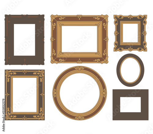 Collection of vintage wooden picture frames. Mirror, portrait icon or symbol. Vector illustration