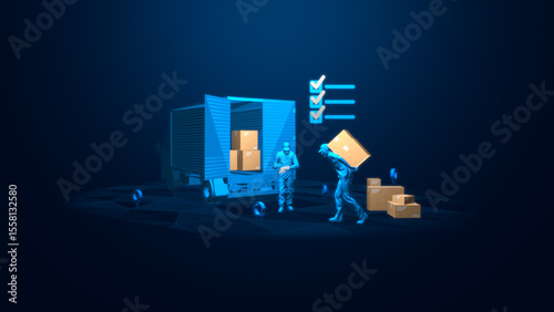 An illustration of workers handling packages in a futuristic warehouse environment with crates and checklists.