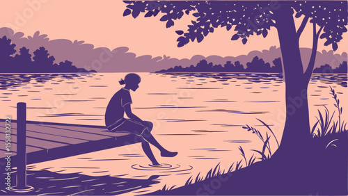A person sitting on a dock with feet in the water near a tree on a lake with distant trees in the background